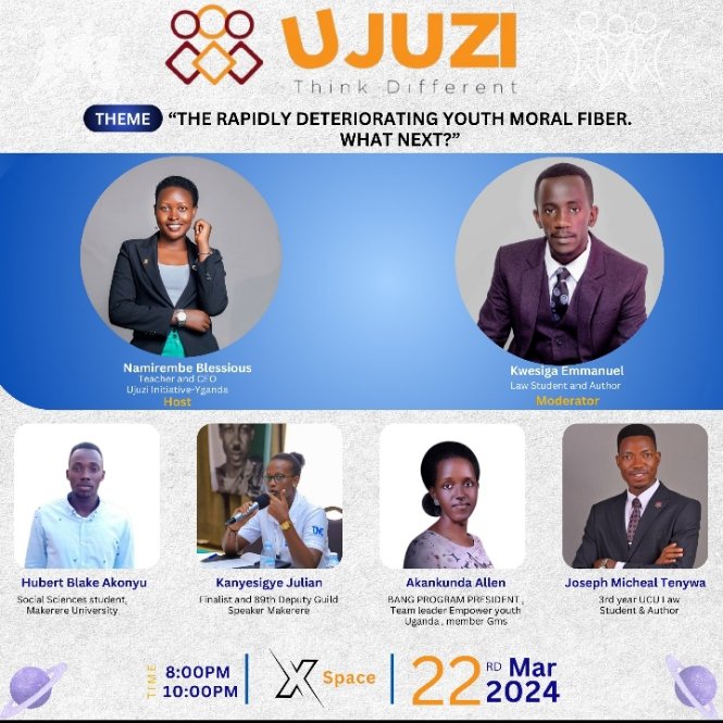 BecomingAN9767's tweet image. Listen in today from #Allen Akankunda, the BANG online program president. She will be accompanied Mr Emmanel Kwesiga, a program member. Topic: The rapidly deteriorating youth moral fibre. What next? 📟8pm 🏠Xspace. Join to learn!!!
#VMCs
#BANG