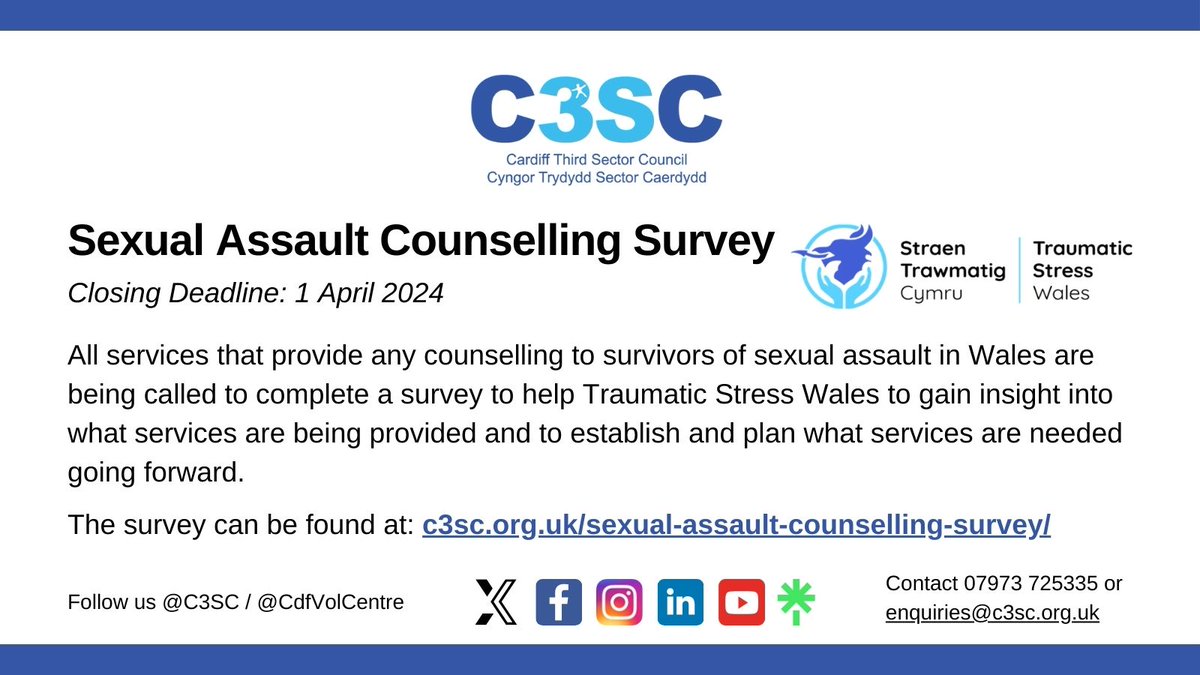 The Sexual Assault Workstream in @StressWales working with the Welsh Sexual Assault Services Programme would like to invite you to take part in a service mapping exercise via a #survey. Access the links below to take part: forms.office.com/e/C8Y368phkW – English…