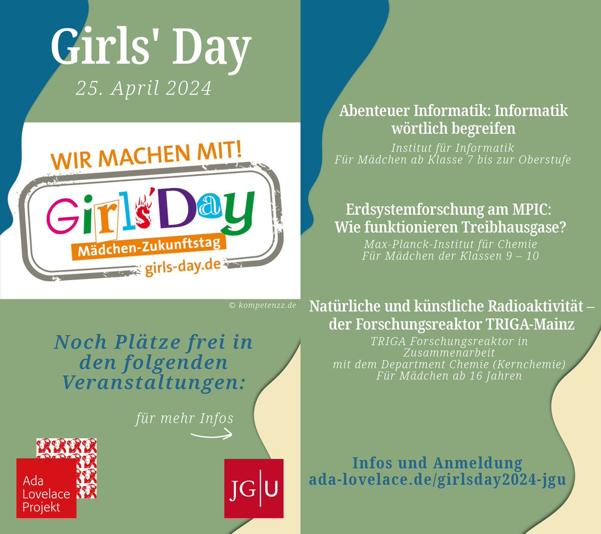 JETZT NOCH ANMELDEN: #GirlsDay an der #UniMainz am 25.4.2024 für Schülerinnen ab Klassenstufe 5 zum Reinschnuppern in #MINT-Themen, Studiengänge & Berufsfelder ada-lovelace.de/girlsday2024-j… @alp_rlp @IpaWetter_Mainz @imbmainz @mpi_polymer #MädchenInMINT #MINTgirls #KommMachMINT