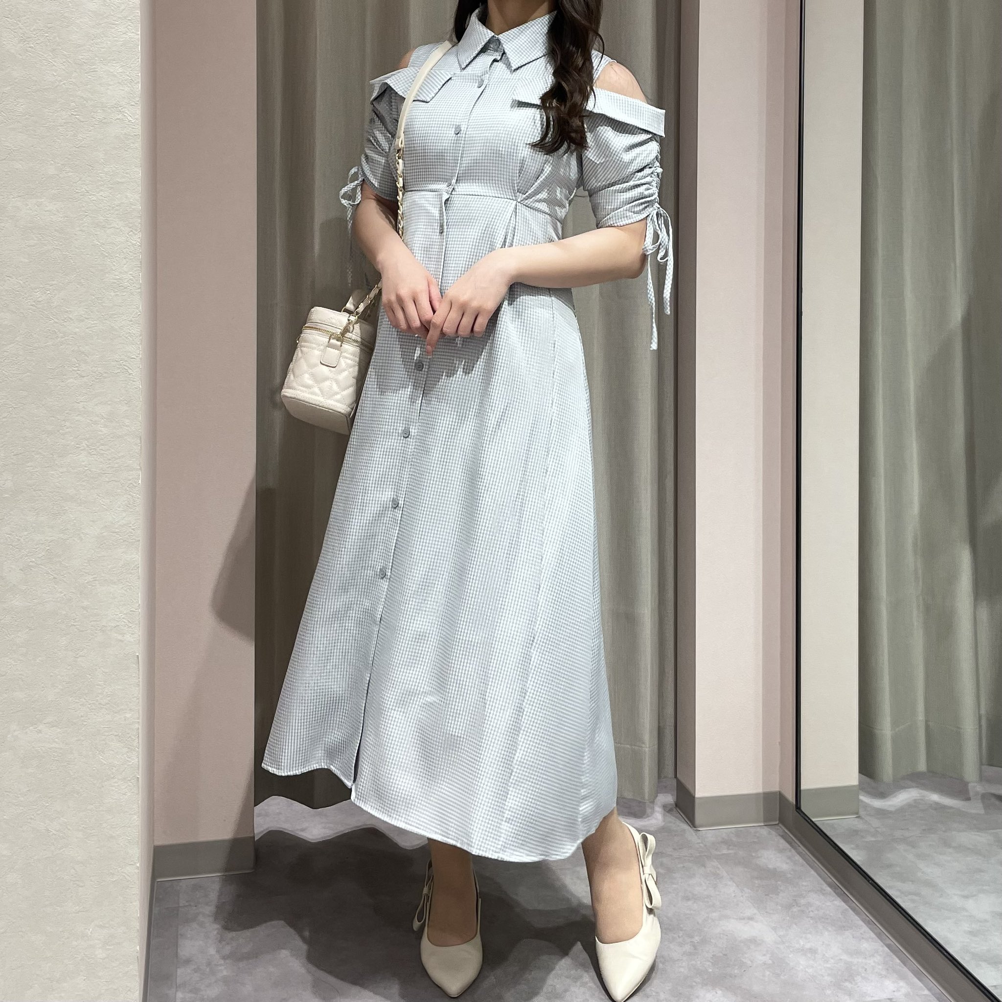 ギンガムショルダーフリルOP 【ANMILLE】 ギンガムフリルワンピース