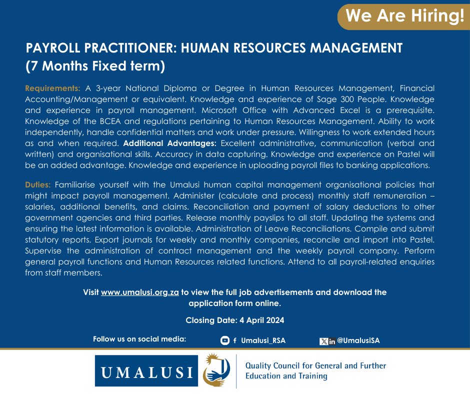 We are hiring! We have advertised a 7 months fixed term vacancy for the position of Payroll Practitioner: Human Resource Management. Please visit our website for more information. Link: umalusi-online.org.za/erecruitment.v… #JobSeekersSA #JobSeekersWednesday #PayrollJobs #HRjobs