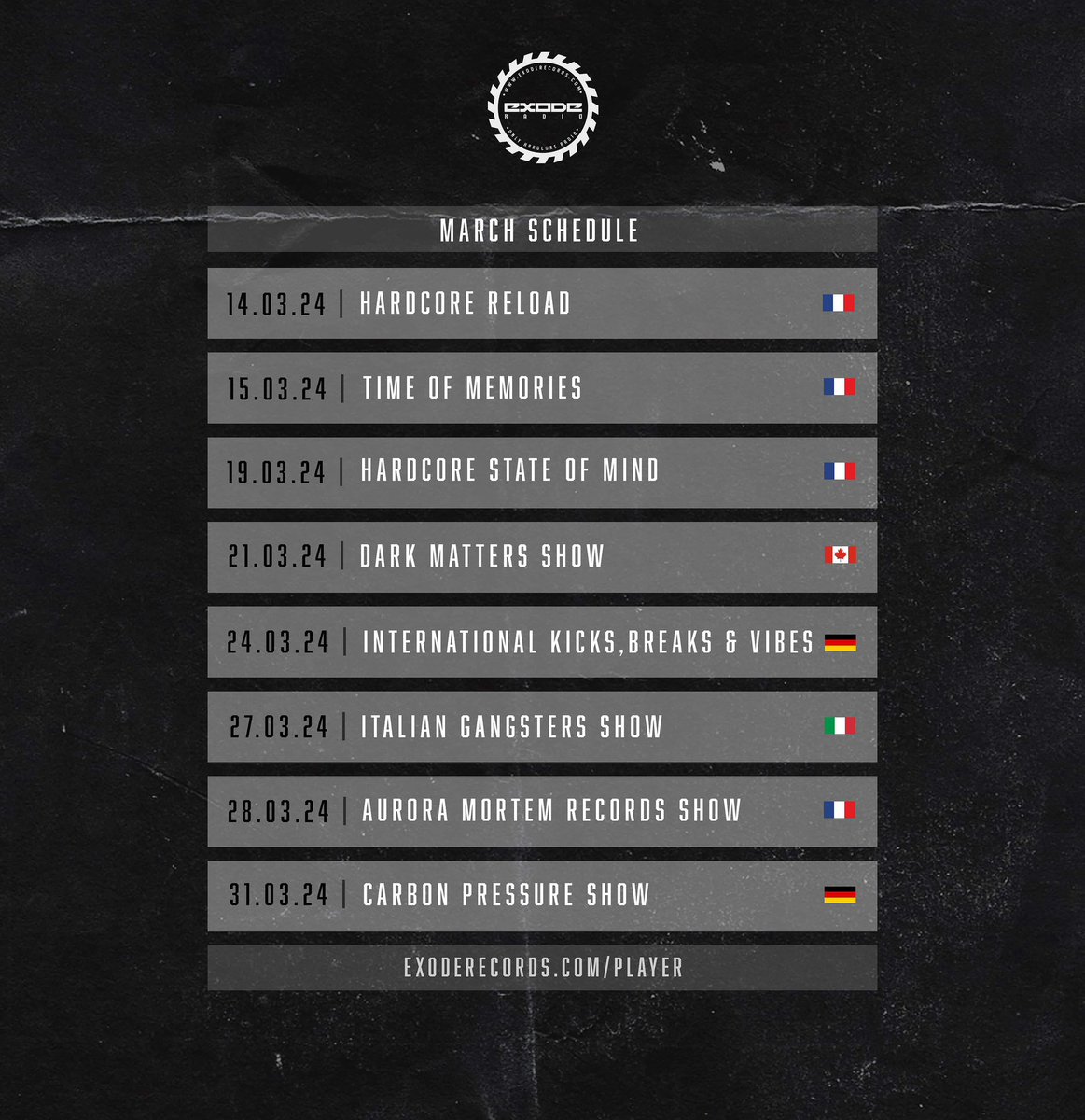 BraunSepp's tweet photo. March schedule on @exoderecordsradio ๐ซ๐ท
We have something special for your ears! Stay tuned
Web Player:
https://t.co/KXqBOlndYK
Thanks to our @exoderecords fam โค๏ธ
#exoderecords #exoderecordsradio #radioshow #podcast #march #2k24 #italian #gangsters https://t.co/lw3xQQsJqo