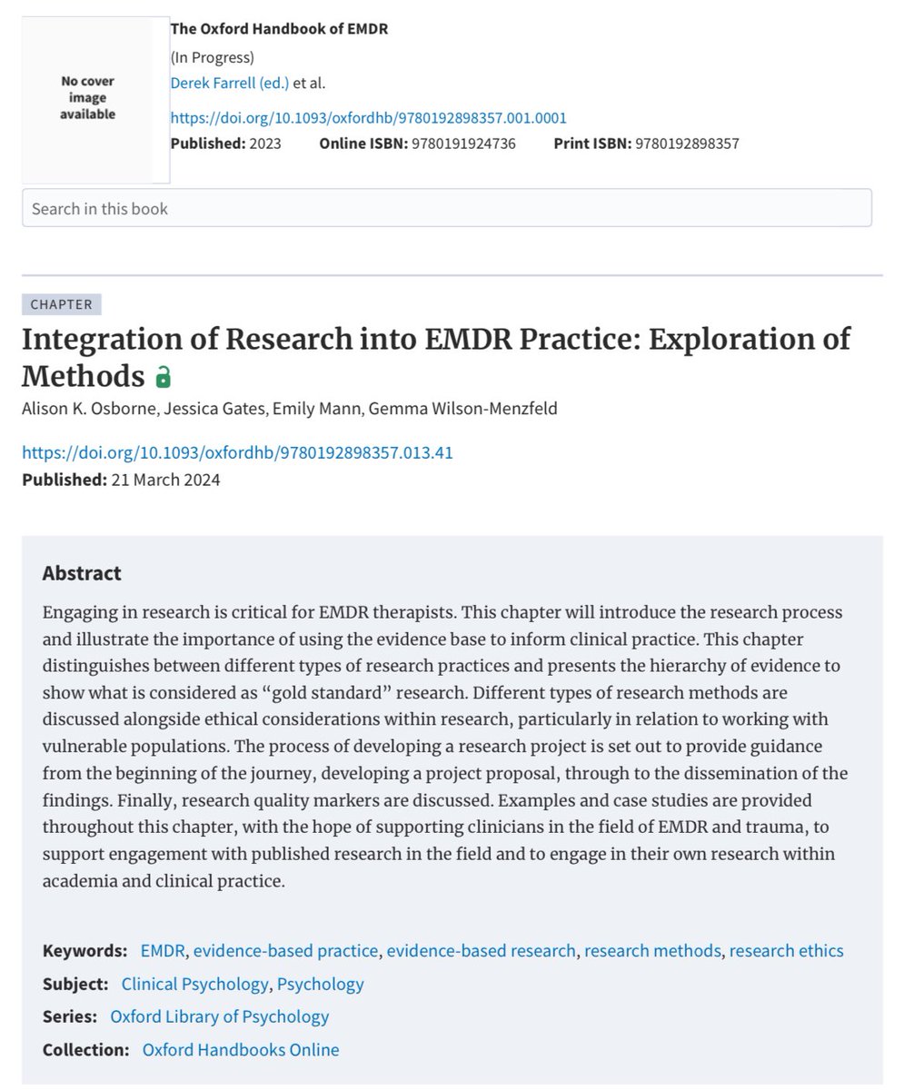 We have published a chapter on research methods in The Oxford Handbook of EMDR. Well done to the team 🥳 @AlisonKOsborne @gwilsonmenzfeld @emiemann