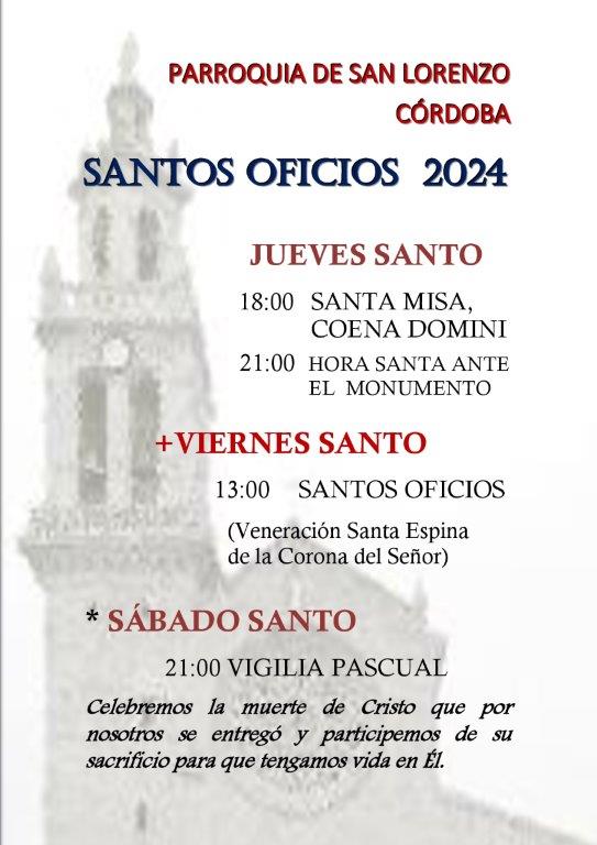 Real Parroquia San Lorenzo Mártir de Córdoba (@rpsanlorenzomc) on Twitter photo HORARIOS CULTOS DE SEMANA SANTA 2024 |
“El que quiera venir conmigo, que se niegue a sí mismo, que cargue con su cruz y me siga”. Mateo 16, 24. HORARIOS CULTOS DE SEMANA SANTA 2024 |
“El que quiera venir conmigo, que se niegue a sí mismo, que cargue con su cruz y me siga”. Mateo 16, 24.