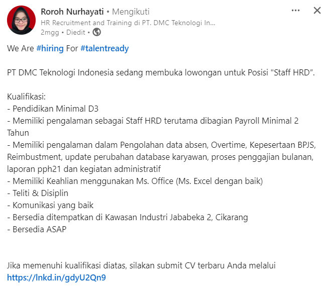 PT DMC Teknologi Indonesia sedang membuka lowongan untuk Posisi 'Staff HRD” silakan submit CV terbaru melalui lnkd.in/gdyU2Qn9 #txtloker