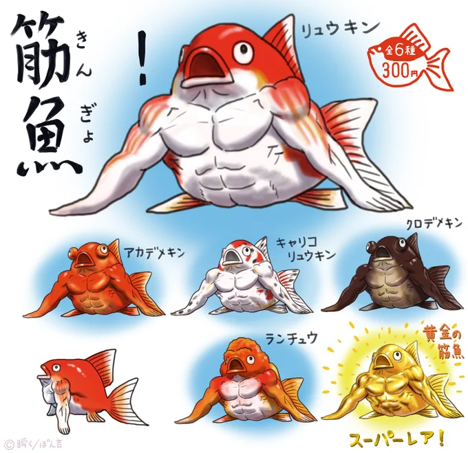 こんなカプセルトイ欲しい!ので考えました。筋肉 金魚の筋魚! とても縁起が良く元気に育ちます。鍛え上げた腕で水槽から脱走することもあります 