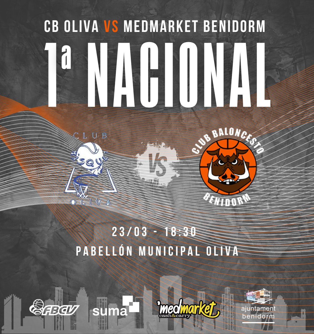 🏀1ª Nacional 🏀 El Medmarket Benidorm se enfrenta este sábado al CB Oliva 🆚 @CBOliva4 📆 Sábado 23/03 🕛 18:30 🏟 Pabellón Municipal Oliva ¡Vamos Benidorm!🏀🐗🖤 #cbbenidorm #temporada23_24 #Benidorm #SUMAconeldeporte #MedMarket #fbcv