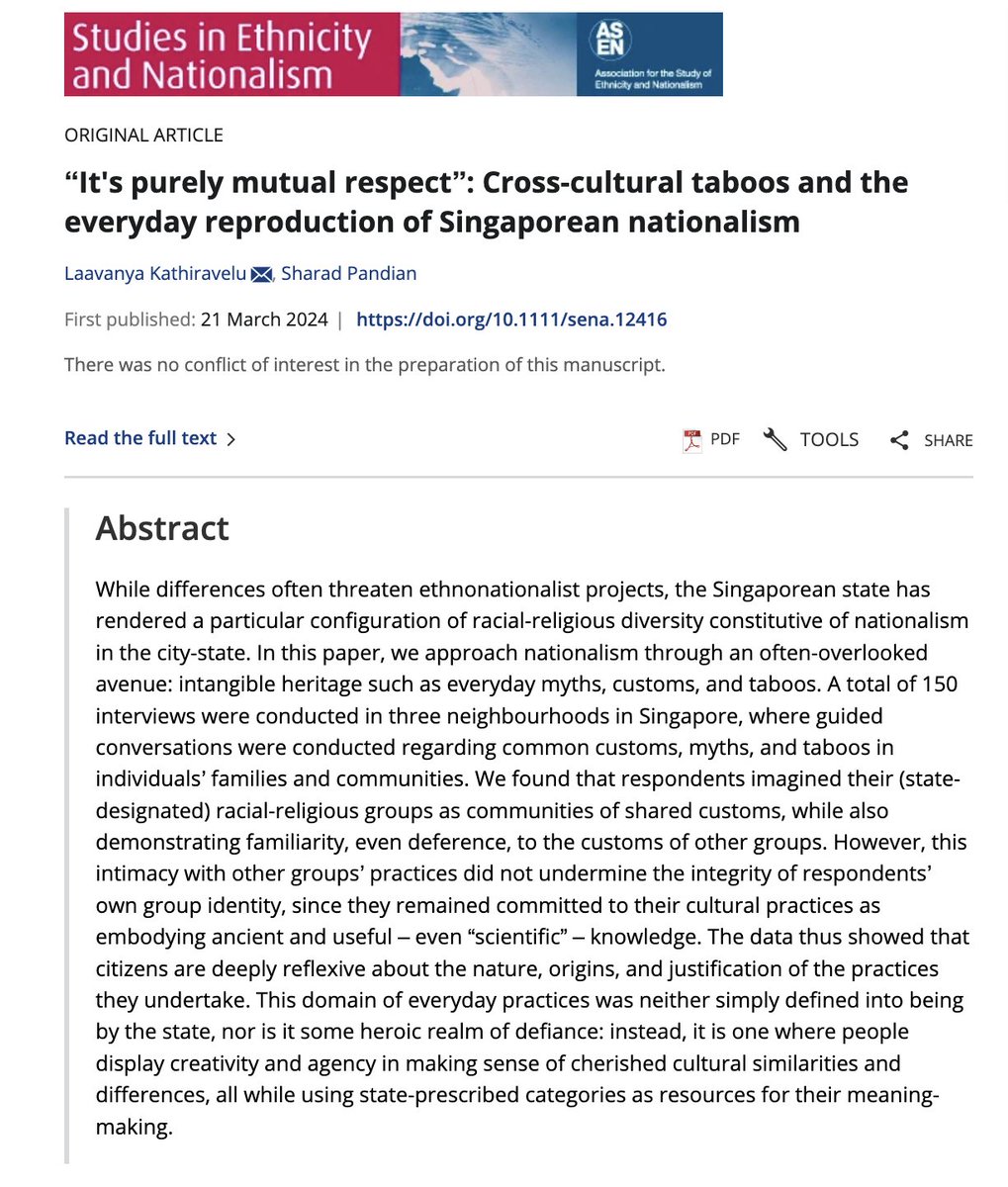 🎆 New paper out in @SENJournal, with @laavy_k 🎆 🧵 What can Singaporeans' continued intimacy with and subsciption to ghosts and cultural taboos tell us about nationalism?