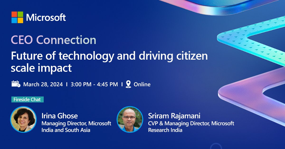 Join us for an insightful fireside chat between @ighose and @SriramRajamani held at the recently concluded Microsoft #CEOConnection. Explore the future of #AI and how it's democratizing innovation for societal benefit. Register now: msft.it/6018cUZN0