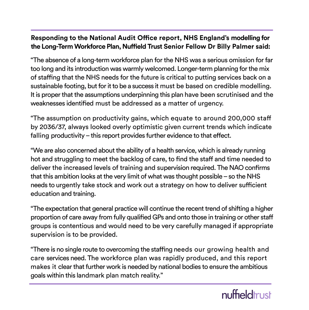 🆕 @Billy_Palmer_ responds to the @NAOorguk report on the #NHSWorkforcePlan. Ambitious goals in the plan must match reality. 👉nuffieldtrust.org.uk/news-item/ambi…
