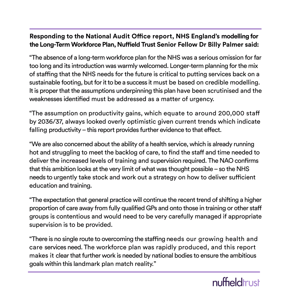 Nuffield Trust (@nuffieldtrust) on Twitter photo 🆕 <a href="/Billy_Palmer_/">Billy Palmer</a> responds to the <a href="/NAOorguk/">National Audit Office</a> report on the #NHSWorkforcePlan.
Ambitious goals in the plan must match reality.
👉nuffieldtrust.org.uk/news-item/ambi… 🆕 <a href="/Billy_Palmer_/">Billy Palmer</a> responds to the <a href="/NAOorguk/">National Audit Office</a> report on the #NHSWorkforcePlan.
Ambitious goals in the plan must match reality.
👉nuffieldtrust.org.uk/news-item/ambi…