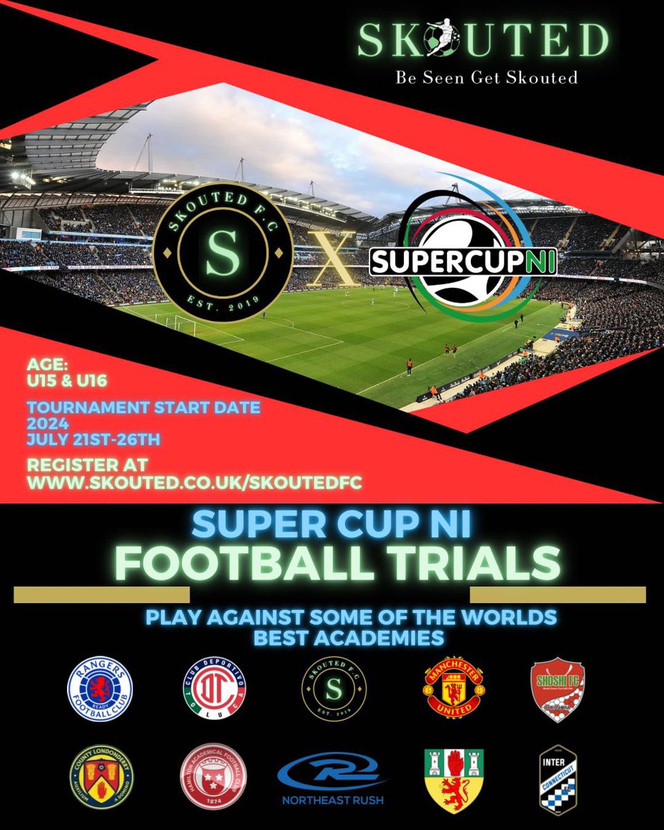 Do you want to showcase your talent on the big stage? 👀🏟️

We are hosting football trials for our <a href="/SuperCupNI/">Budget Energy SuperCupNI ⚽️🏆</a> team very soon ⚽️

If you think you have what it takes to play against the best academies in the world register via the link in our bio 📝

#Skouted #Football