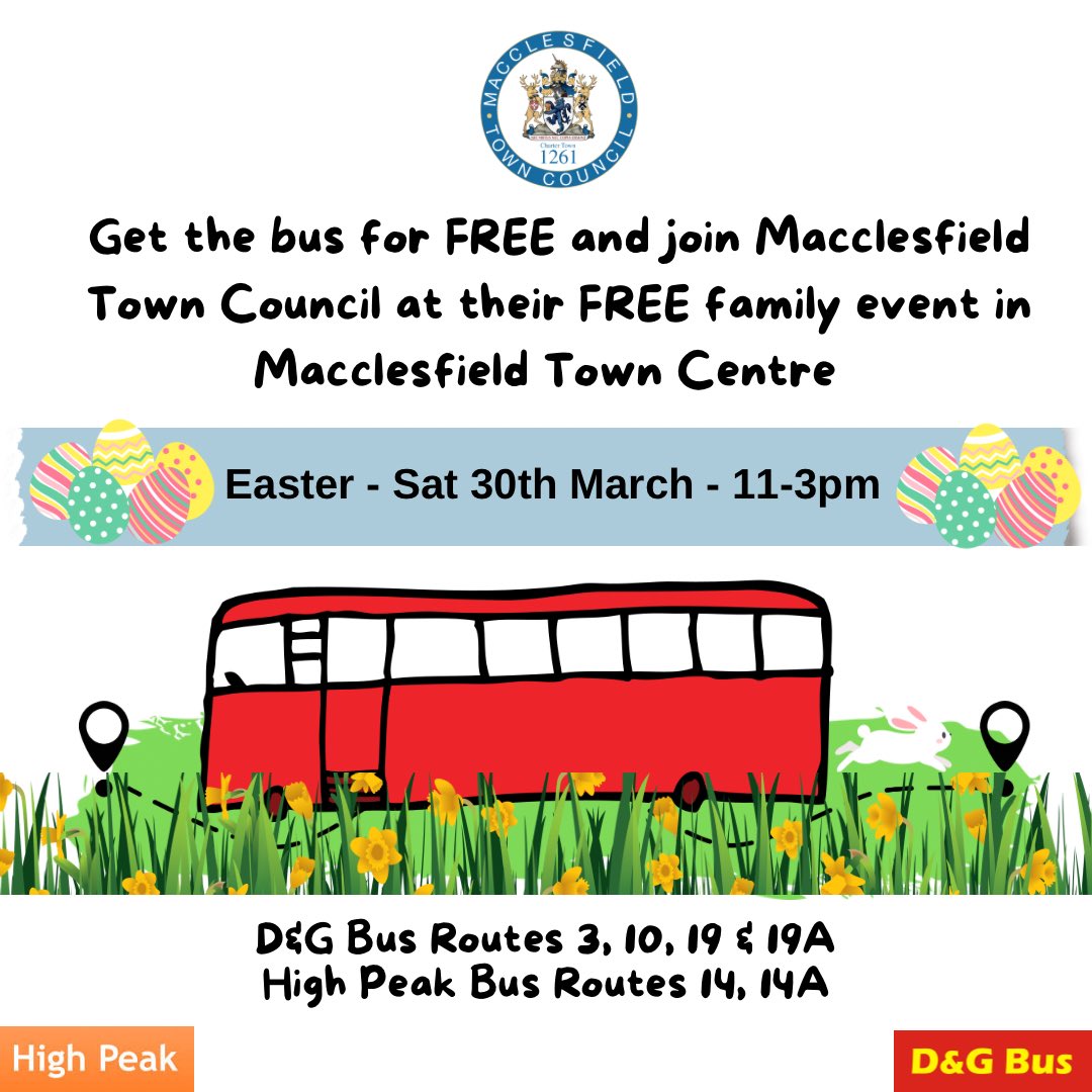 Just over a week until our free to attend Easter event with circus skills, crafts, face painting &amp; more!   Plus our Easter bunny trail around shops/businesses in Macc.

AND you can get the bus to town, or the shops or your friends house for FREE!

#MacclesfieldBetterTogether