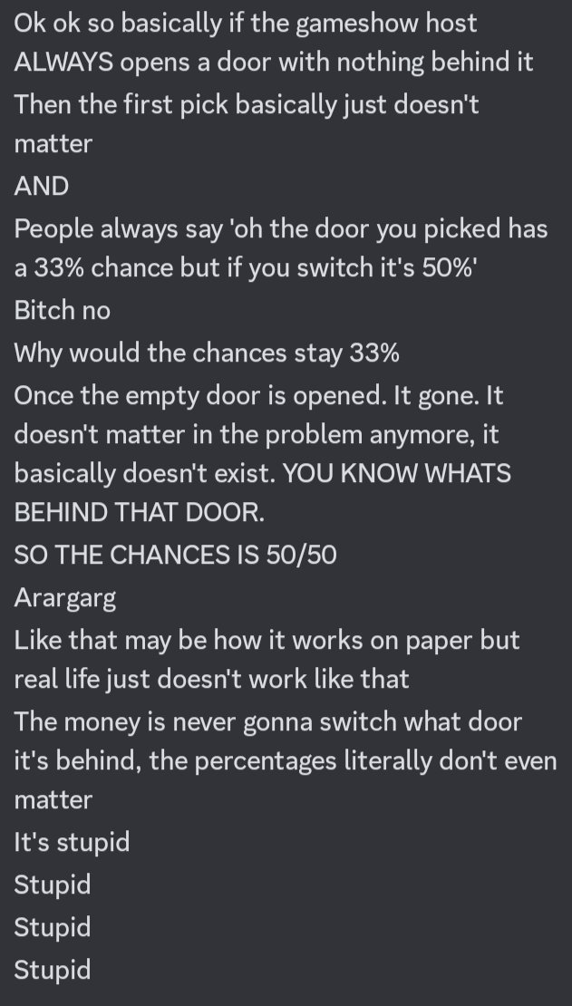 Lavamonium's tweet photo. The Monty Hall problem is very dumb and I will perish on this hill https://t.co/Ody6mbfU9T