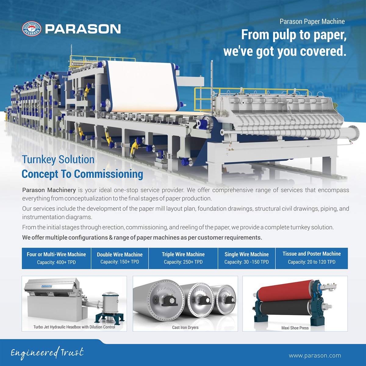 parasongroup's tweet image. STOP! Running multiple places for your paper mill requirements?

Parason Machinery is your one-stop solution for all your pulp &amp;amp; paper mill machinery requirements.

Our turnkey solutions provide a seamless journey from concept to commissioning, covering everything.

#Papermachine