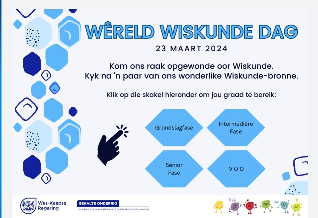 Karen Dudley (@karenr_dudley18) on Twitter photo World Math Day, March 23!
☆Flex those brain muscles.
☆Start those cerebral engines.
#BuildTheBelief
#MakeMathFun
ENGLISH: wcedeportal.co.za/eresource/2464…
AFRIKAANS: wcedeportal.co.za/eresource/2464…
<a href="/WCEDnews/">WCEDNews</a> <a href="/GreenShootsEdu/">Green Shoots</a> <a href="/teachingconnect/">Juan Benjamin</a> <a href="/alamprec/">Mr Andre Lamprecht</a> <a href="/almaret_dutoit/">Almaret Du Toit</a> <a href="/DavidMaynier/">David Maynier</a> World Math Day, March 23!
☆Flex those brain muscles.
☆Start those cerebral engines.
#BuildTheBelief
#MakeMathFun
ENGLISH: wcedeportal.co.za/eresource/2464…
AFRIKAANS: wcedeportal.co.za/eresource/2464…
<a href="/WCEDnews/">WCEDNews</a> <a href="/GreenShootsEdu/">Green Shoots</a> <a href="/teachingconnect/">Juan Benjamin</a> <a href="/alamprec/">Mr Andre Lamprecht</a> <a href="/almaret_dutoit/">Almaret Du Toit</a> <a href="/DavidMaynier/">David Maynier</a>