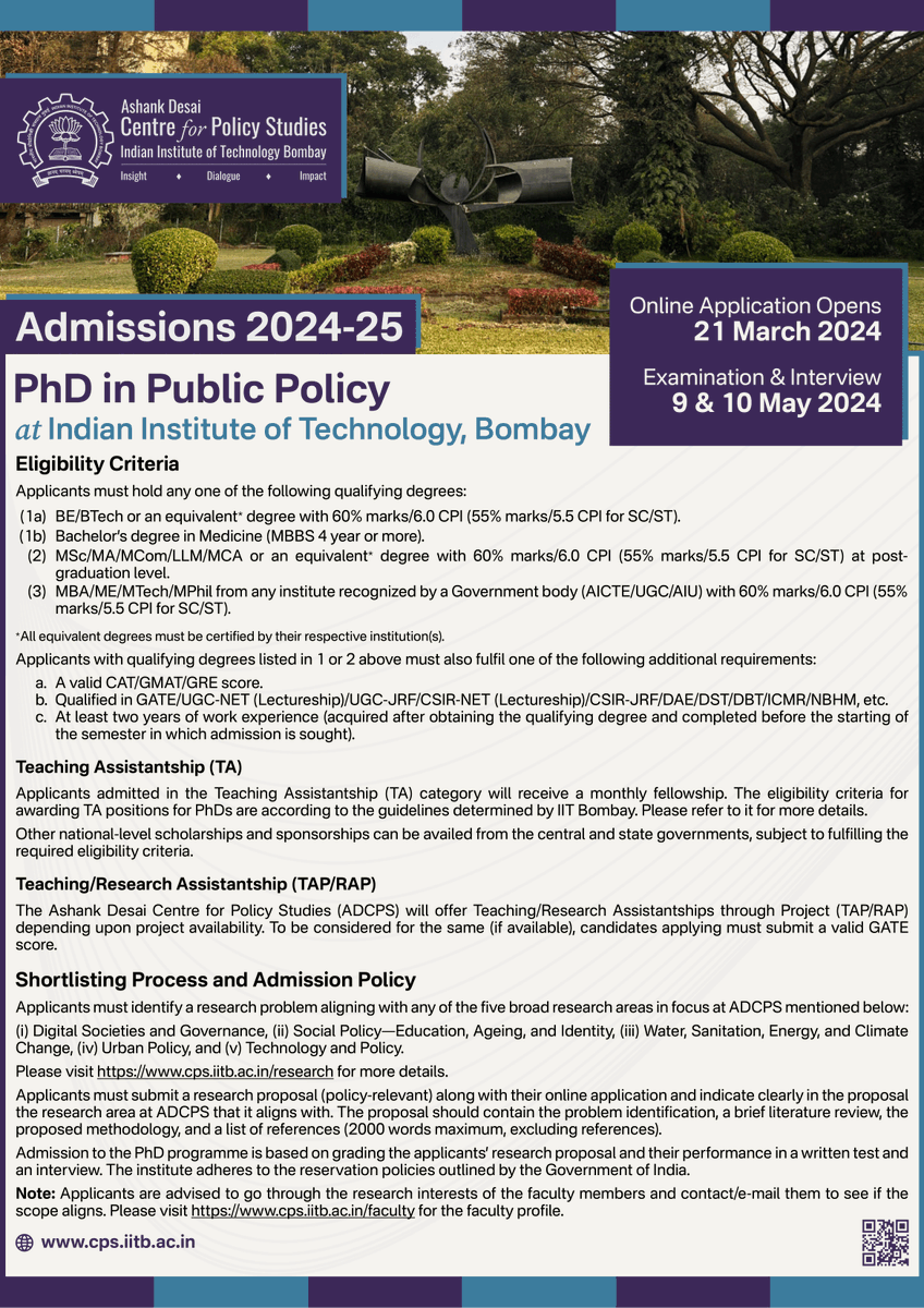 cps_iitb's tweet photo. Dear prospective MPP and PhD candidates to ADCPS, the online application process for this cycle has opened. The deadline for PhD applications is 5 April '24 and for MPP applications is 10 April '24.

For details:

MPP: https://t.co/SdpPSUBerC
PhD: https://t.co/rb5poYhh9Z

1/n https://t.co/sIvO6a079b