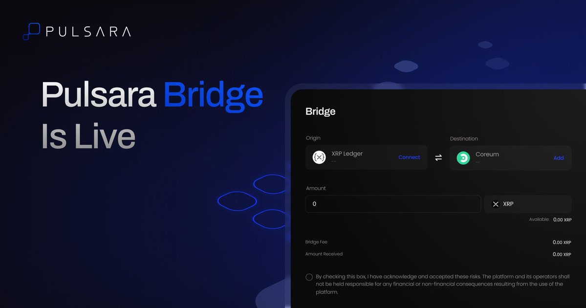Two-way Bridge between @CoreumOfficial and XRPL is officially live on #Pulsara Bridge your assets and start earning rewards 🚀 🔗 dax.pulsara.io/bridge #BuiltOnCoreum #SARA #XRP