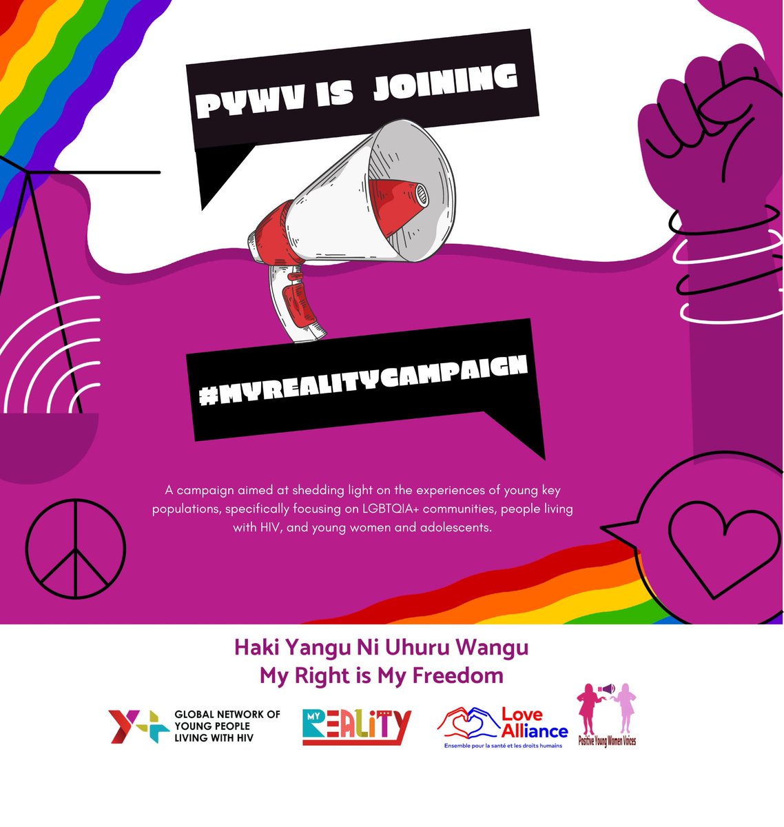 📢 We are joining #MyReality Campaign! #MyReality Campaign, spearheaded by @Yplus_Global, is aimed at amplifying the voices and stories of young key populations Our participation will aim to shed light on the experiences of LGBTQIA+ communities,PLHIV, and young women and girls