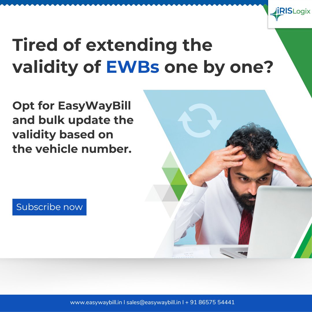Extend the validity of 'n' number of EWBs with just one click. Opt for IRIS EasyWayBill now.  
Visit easywaybill.in for more

#Logistics #Tranportation #Transport #Transporters