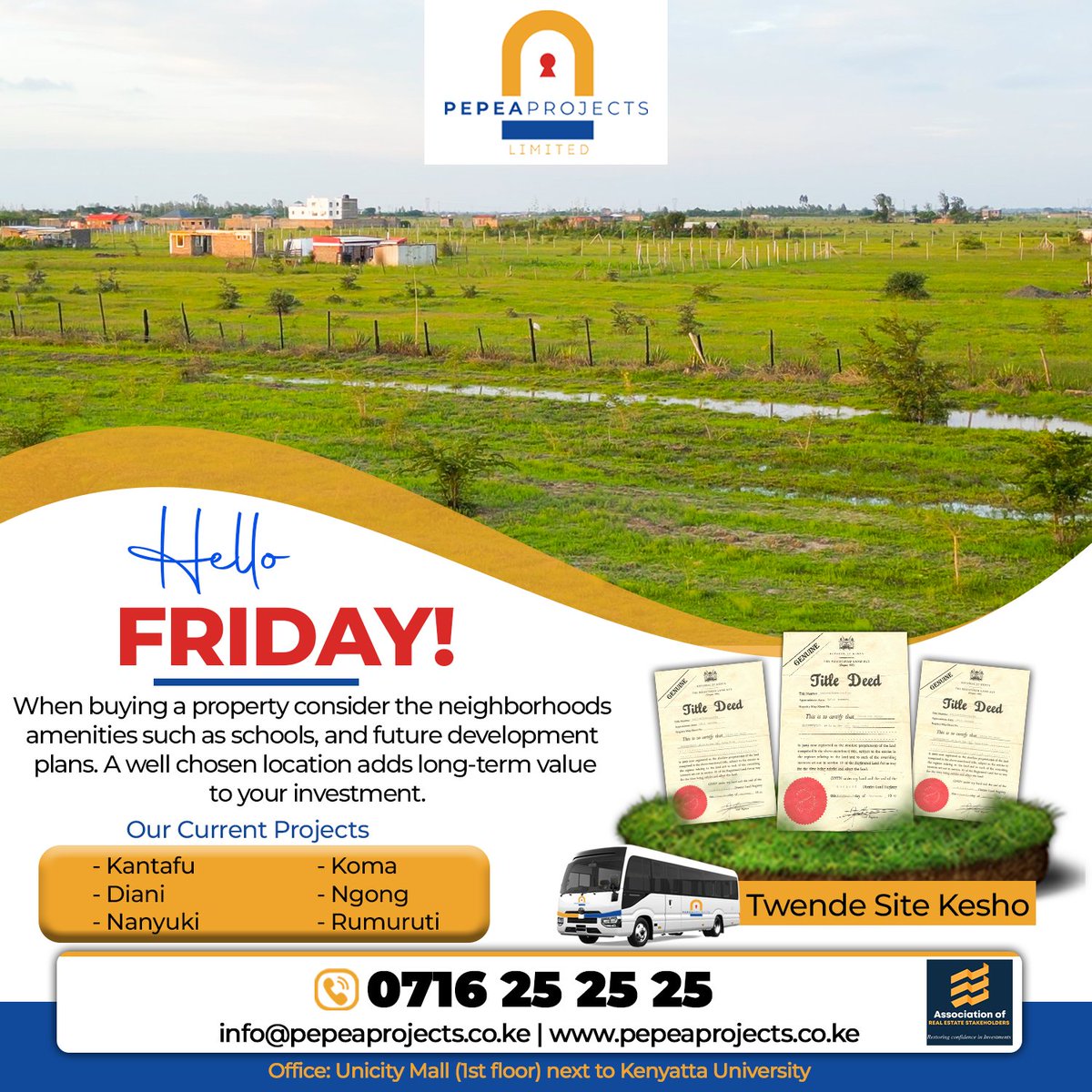 PepeaProjects's tweet photo. Hello Friday!
When buying a property consider the neighborhoods amenities such as schools, and future development plans. A well chosen location adds long-term value
to your investment.
Contact Us Today Via 0716 252525
https://t.co/fA6T9YZVeb
#DignityForAll #MikeAndKingangi https://t.co/8aq62PkMw5