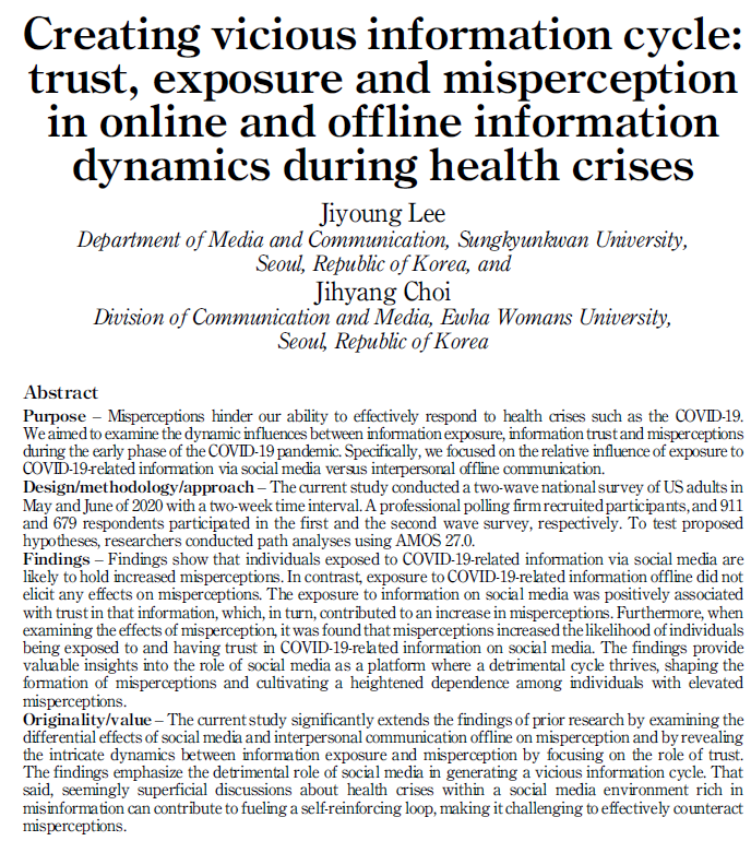 New pub alert! 🎉 Using a two-wave panel survey, we studied the dynamic influences between information exposure, information trust, and misperceptions during health crises. Results showed clear differences in terms of 'online vs. offline' communication channels. More threads⬇️⬇️