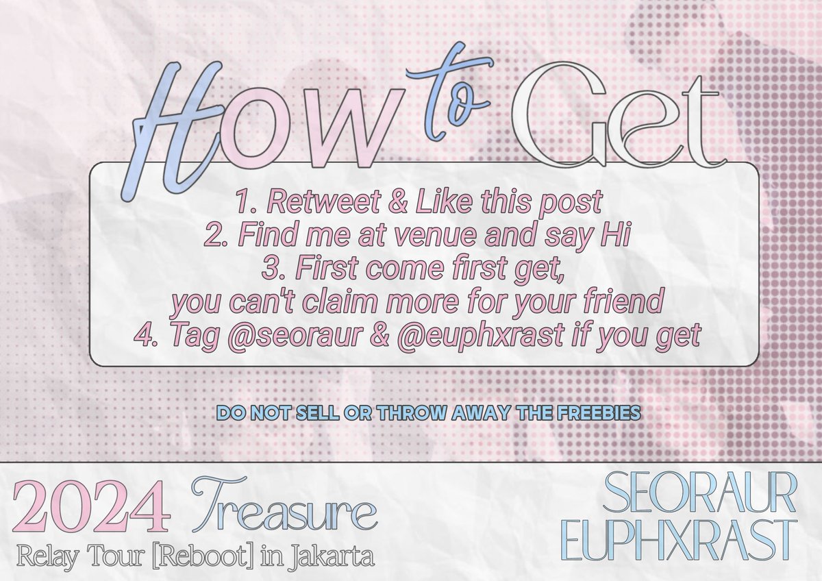 ꒰ა ☆ ໒꒱ 
ᯓ★Freebies 
Treasure Relay Tour [Reboot] in Jakarta 🇮🇩
by — 𖹭 <a href="/seoraur/">maïRru</a> &amp; <a href="/euphxrast/">𝒃𝒖𝒏𝒈𝒂𝒂💐</a> 𖹭

ᝰ. INDONESIA ARENA GBK SENAYAN
ᝰ. 30 June 2024

LIMITED QTY !