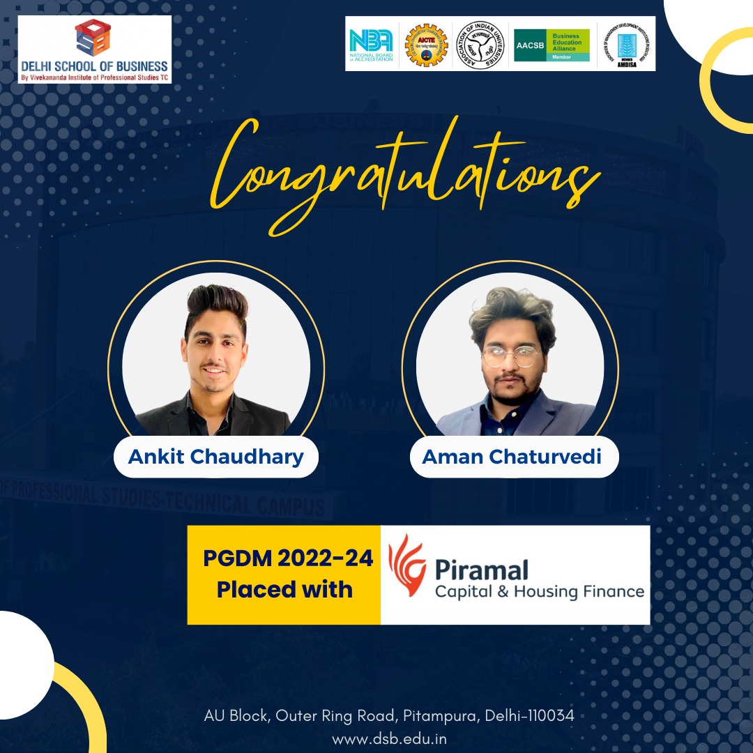 Congratulations to Ankit Chaudhary and Aman Chaturvedi, PGDM batch 2022-24, for being successfully placed at Piramal Capital and Housing Finance Limited. We wish you all the best for your future. Grab job opportunities at A-list companies with DSB. Apply today. Link in bio.