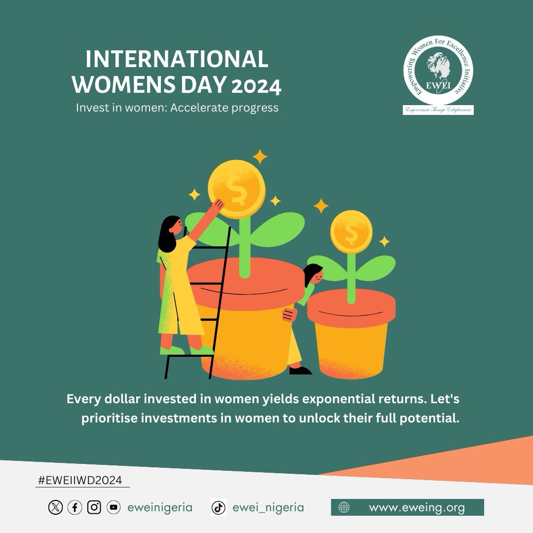 Every dollar invested in women yields exponential returns. Let's prioritise investments in women to unlock their full potential. Lets #InvestInWomen to #InspireInclusion.
<a href="/eweinigeria/">EWEI</a>        #EWEIIWD2024 #IWD2024