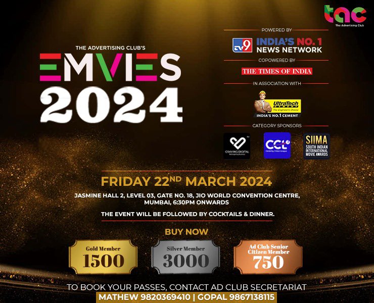 @TheAdClubIndia ADCLUB'S EMVIES 2024 AWARDS GALA NIGHT tonight 👍FRIDAY, MARCH 22, 2024.. please contact TAC as below for passes and join in the amazing celebrations of advertising & marketing tonight 🤩 @ranabarua @MitrajitB @ajay_kakar @BipinRPandit @bedee0805 @rajcheerfull 👍