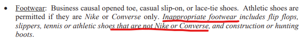 Today my workplace issued a dresscode and declared all other tennis brands except  #Nike and #Converse inappropriate for professional workplace. #Adidas #Safeworkplace #professional