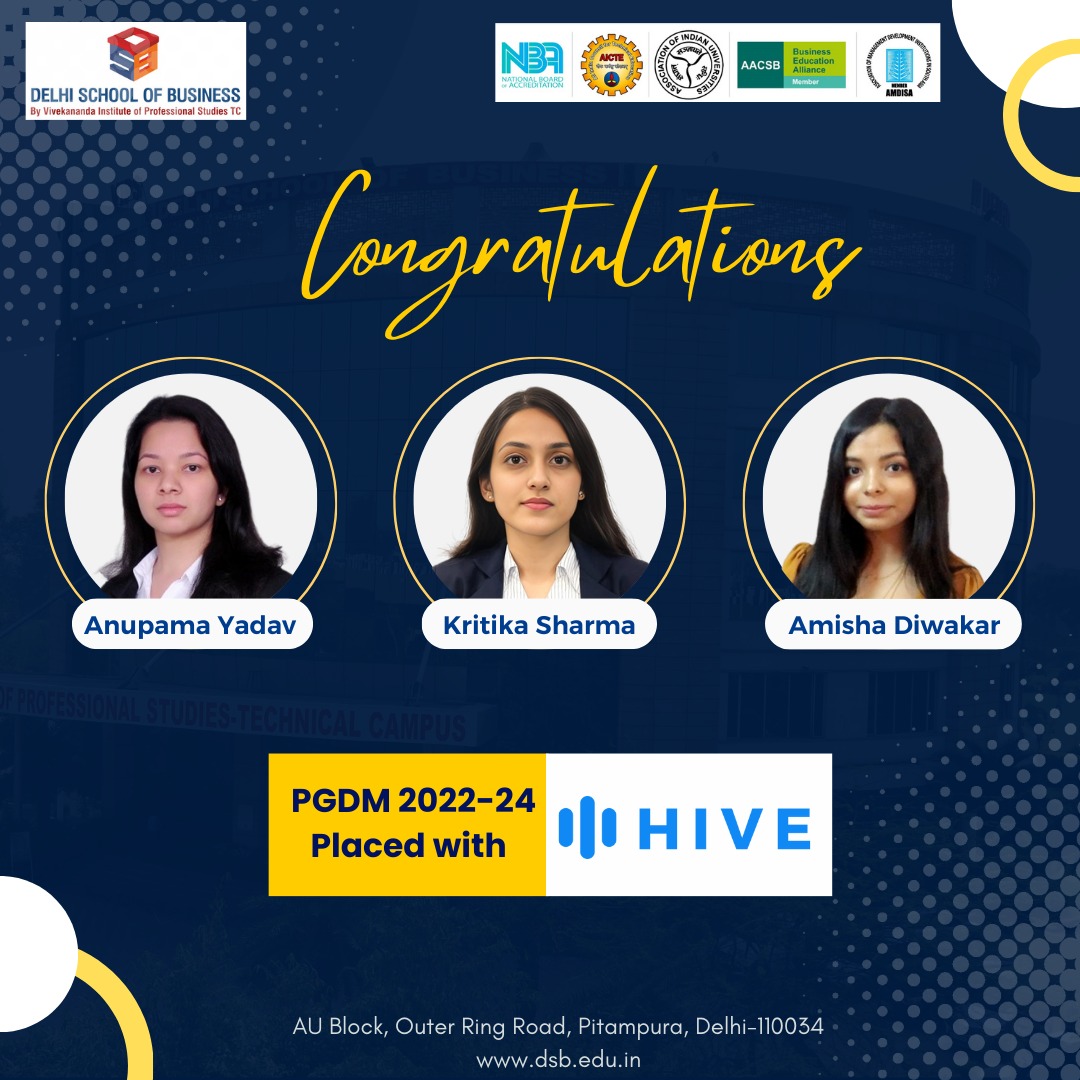 Congratulations to Anupama Yadav, Kritika Sharma, and Amisha Diwakar, PGDM batch 2022-24, for being successfully placed at Hive, one of the leading providers of AI technologies. Tap into top-level jobs with amazing placement opportunities at DSB and boost your work experience.