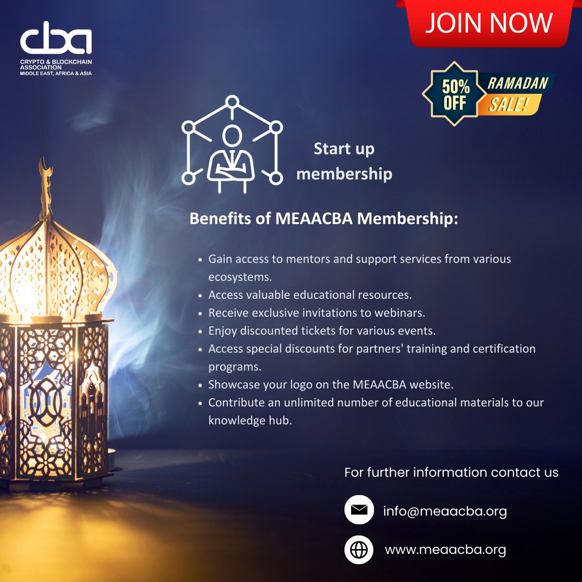 Middle East, Africa &amp; Asia Crypto and Blockchain Association is offering a LIMITED TIME 50% discount on membership fees! 

Join Now: meaacba.org/membership-acc…