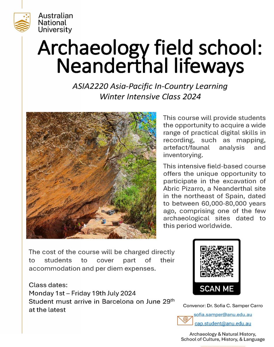 Join Dr. @SofiaSamperCarr for a new archaeology field school: Neanderthal Lifeways! 🔍 Learn digital skills in recording and mapping at the excavation of Abric Pizarro, a Neanderthal site in Spain, dating back 60-80,000 years. @ANUasiapacific buff.ly/3VrmEod