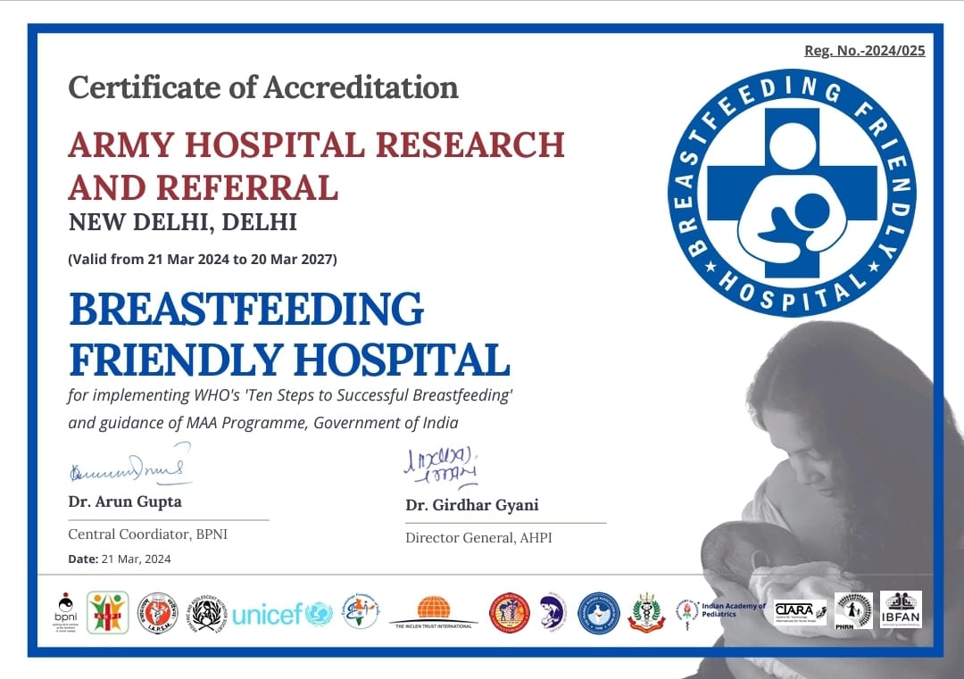 We are happy to announce that after @afmc_pune 'Army Hospital Research Referral,' in Delhi, has received the 'Breastfeeding Friendly' accreditation from the BFHI-NAC. @Moveribfan @dgafms_mod @romit_vikram18 @UNICEFIndia @WHO @ahpi_india @IAPSM_India @fogsiofficial @iapindia