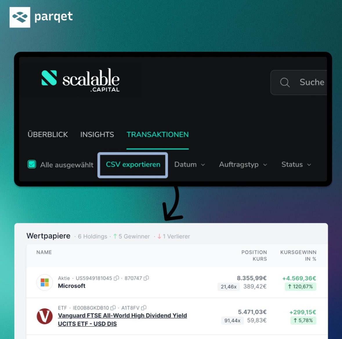 Pretty sweet: <a href="/ScalableCapDACH/">Scalable Capital DE</a> worked with the <a href="/parqetapp/">Parqet</a> team to enable easy export of transactions which can be fully imported into Parqet 🙌