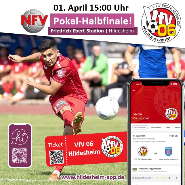 hi #Hildesheim #hiApp - 👉 am 01. April ist es soweit: im ⚽NFV-Pokalhalbfinale trifft die @Domstadtelf vom VfV06 ❤️‍🔥 im heimischen Stadion 🏟️ auf den <a href="/lupomartini/">U.S.I. Lupo Martini</a> aus Wolfsburg!

#domstadtelf #vfv06 #supportyourlocals #fußball  #pokal #nfv #nurdervfv #halbfinale