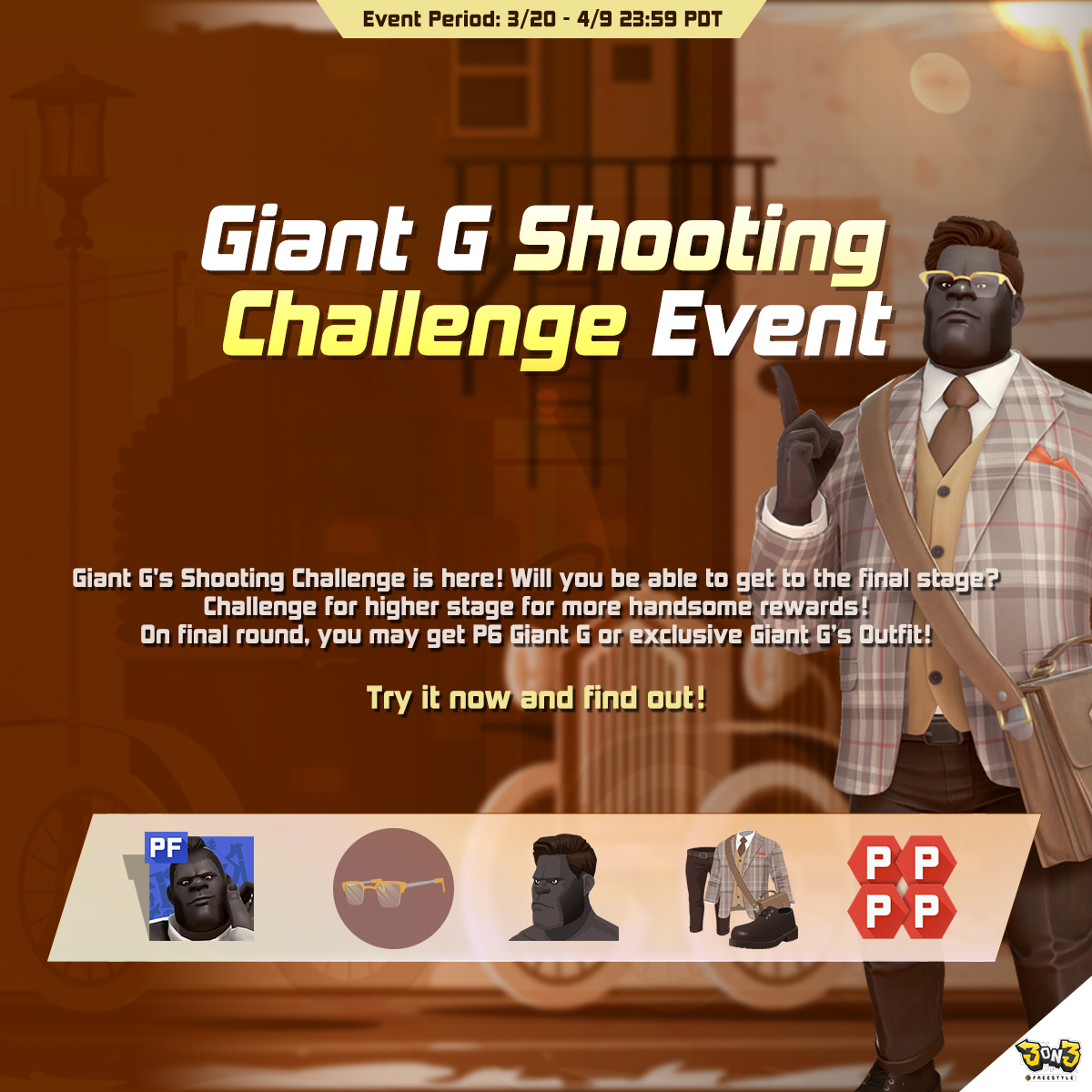 Get ready for the ultimate test of skill in the Giant G Shooting Challenge Event! Challenge yourself for higher stages and unlock even more handsome prizes! 📅 Event Period: 3/20 - 4/9, 23:59 PDT #videogame #StreetBasketball #3on3freestyle