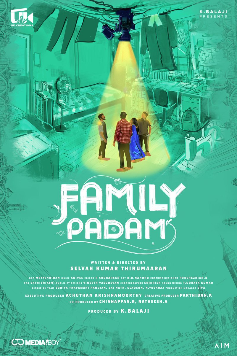 Check out #FamilyPadam Title look Poster. Movie pooja stills & video is unveiling tomorrow @UKCreationsoffl Production No.1 #BalajiKumar @selvah_k_thiru @udhaykarthik5 @actorvivekpra @KavinKlusner #SubikshaKayarohanam @Achu_krish @actorsathya5 @AniVee13 @editorsudharsan