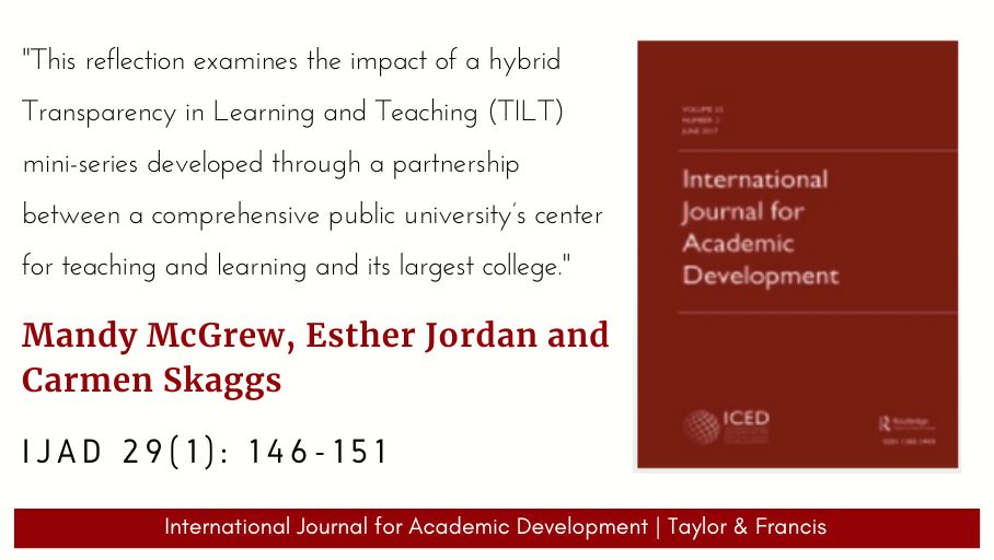 Latest issue: 'Small but mighty: a hybrid TILT academic development partnership', [Reflection on Practice] by @mandymcgrew, Esther Jordan & Carmen Skaggs, IJAD 29(1), 2024 - doi.org/10.1080/136014…