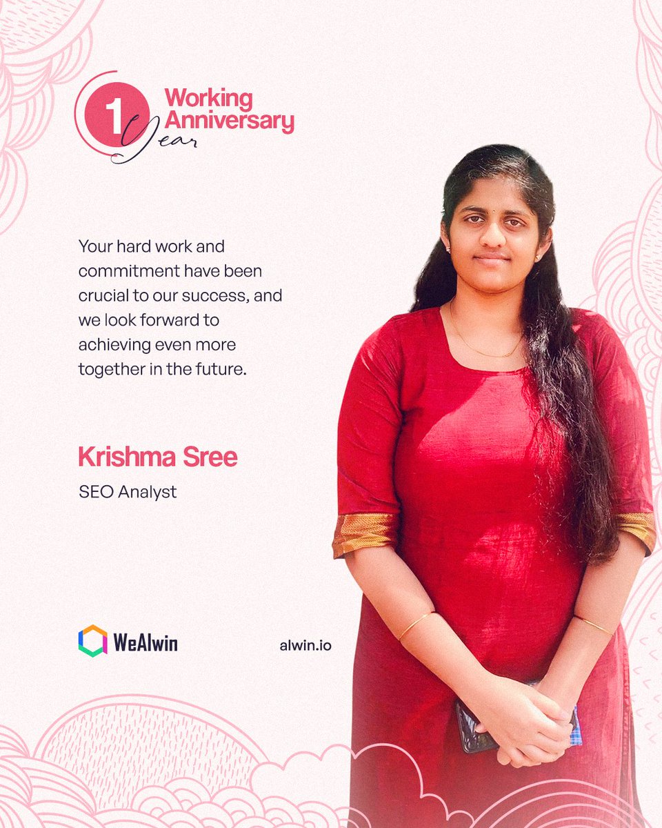 Congratulations Miss. Krishma Sree

😎#Happyworkanniversary to the awesome colleagues who bring #positivity and #productivity to the workplace.

👏Here's to another year of #dedication, #passion, and #achievement! 🎉It's time to #celebrate with @AlwinTechnology!