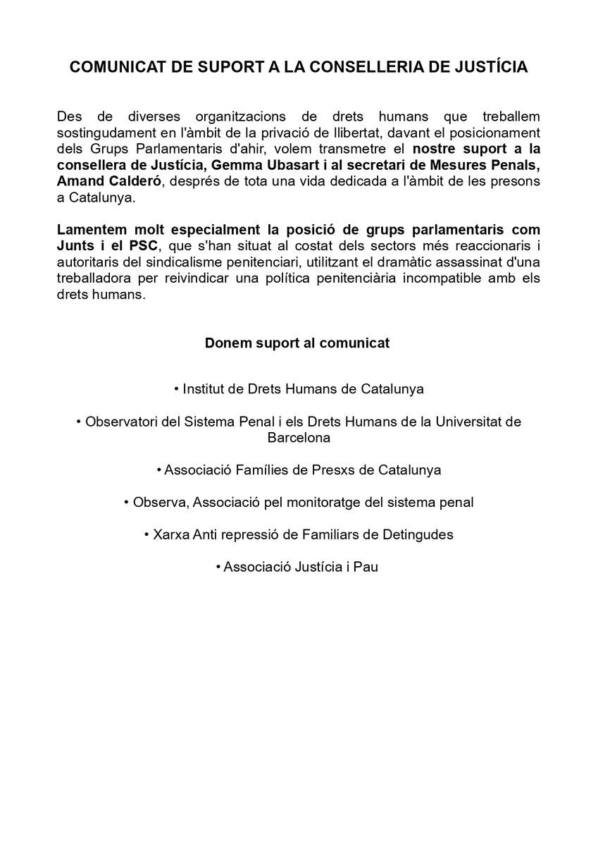 Observatori del Sistema Penal i els Drets Humans (@ospdh1) on Twitter photo 🔴En aquests moments d'excepcionalitat per la crisi penitenciària que vivim a #Catalunya, des de l'<a href="/OSPDH1/">Observatori del Sistema Penal i els Drets Humans</a> ens sumem a aquest comunicat de suport a la consellera de <a href="/justiciacat/">Justícia</a>, Gemma Ubasart, i el Secretari de Mesures Penals, Amand Calderó, davant les demandes de dimissió 🔴En aquests moments d'excepcionalitat per la crisi penitenciària que vivim a #Catalunya, des de l'<a href="/OSPDH1/">Observatori del Sistema Penal i els Drets Humans</a> ens sumem a aquest comunicat de suport a la consellera de <a href="/justiciacat/">Justícia</a>, Gemma Ubasart, i el Secretari de Mesures Penals, Amand Calderó, davant les demandes de dimissió