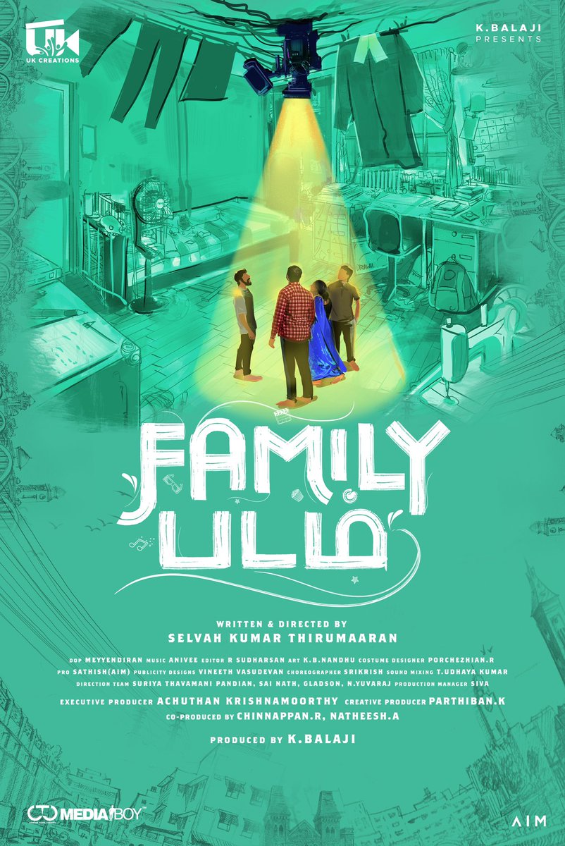 Team AIM (@teamaimpr) on Twitter photo Check out #FamilyPadam Title look Poster. Movie pooja stills & video is unveiling tomorrow
<a href="/UKCreationsoffl/">UK Creations</a> Production No.1
#BalajiKumar <a href="/selvah_k_thiru/">Selvah Kumar Thirumaran</a> <a href="/udhaykarthik5/">udhaykarthik</a> <a href="/actorvivekpra/">Actor Vivek Prasanna</a> <a href="/KavinKlusner/">kavinn coachariya</a> #SubikshaKayarohanam
<a href="/Achu_krish/">Achuthan K</a> <a href="/actorsathya5/">sai nath</a> <a href="/AniVee13/">AniVee</a> <a href="/editorsudharsan/">Sudharsan Rajasekaran</a> Check out #FamilyPadam Title look Poster. Movie pooja stills & video is unveiling tomorrow
<a href="/UKCreationsoffl/">UK Creations</a> Production No.1
#BalajiKumar <a href="/selvah_k_thiru/">Selvah Kumar Thirumaran</a> <a href="/udhaykarthik5/">udhaykarthik</a> <a href="/actorvivekpra/">Actor Vivek Prasanna</a> <a href="/KavinKlusner/">kavinn coachariya</a> #SubikshaKayarohanam
<a href="/Achu_krish/">Achuthan K</a> <a href="/actorsathya5/">sai nath</a> <a href="/AniVee13/">AniVee</a> <a href="/editorsudharsan/">Sudharsan Rajasekaran</a>