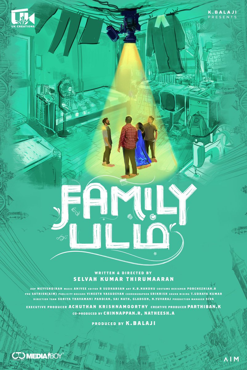 Check out #FamilyPadam Title look Poster. Movie pooja stills & video is unveiling tomorrow @UKCreationsoffl Production No.1 #BalajiKumar @selvah_k_thiru @udhaykarthik5 @actorvivekpra @KavinKlusner #SubikshaKayarohanam @Achu_krish @actorsathya5 @AniVee13 @editorsudharsan