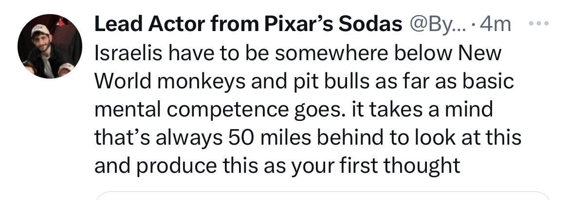 Host of the prominent “dirtbag left” podcast Chapo Trap House compares Israelis to monkeys and dogs. 

Same guy cried about incivility when people mocked his co-host for putting himself in hospital with a cocaine-fentanyl induced stroke