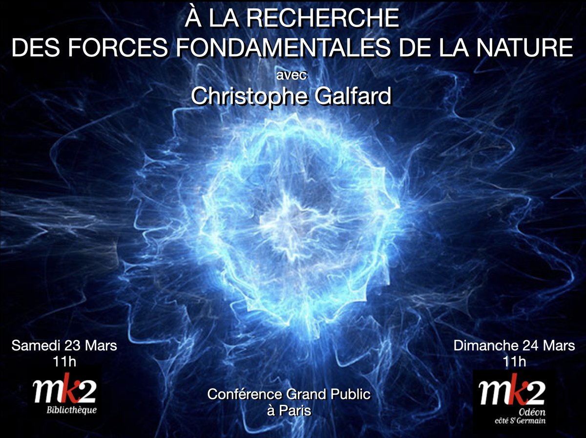 Bonjour! 
Ma conférence grand public de ce week-end, sur la  recherche des lois fondamentales de la nature, sera à Paris, dans les cinémas <a href="/mk2/">mk2</a> Bibliothèque (samedi à 11h) et <a href="/mk2/">mk2</a> Odéon (dimanche à 11h). Infos et résas ici: tinyurl.com/4z9kth4x