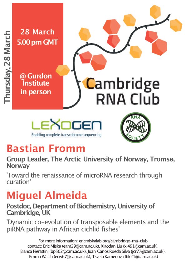 It’s that time again… RNA time!🧬 Please join us and our two wonderful speakers next Thursday at @GurdonInstitute. We’re excited to be hosting @BastianFromm from @UiTNorgesarktis and @migueldvalmeida from the @ericmiskalab. Thank you to our sponsors @RNASociety and @lexogen 😎✨
