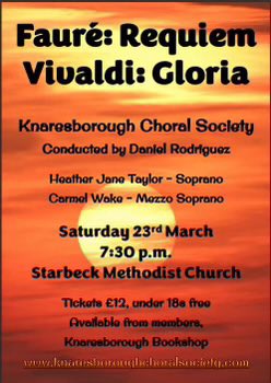 Knaresborough Choral Society (@kborochoral) on Twitter photo Such a buzz after rehearsals! This Saturday 23rd March weâre very exited to be singing these two fantastic choral works. Faureâs Requiem and Vivaldiâs Gloria, at Starbeck Methodist Church under the baton of Daniel Rodriguez <a href="/d_rodriguezt/">Daniel RodrĂguez TĂjaro</a> Tickets on the door or from our website. Such a buzz after rehearsals! This Saturday 23rd March weâre very exited to be singing these two fantastic choral works. Faureâs Requiem and Vivaldiâs Gloria, at Starbeck Methodist Church under the baton of Daniel Rodriguez <a href="/d_rodriguezt/">Daniel RodrĂguez TĂjaro</a> Tickets on the door or from our website.