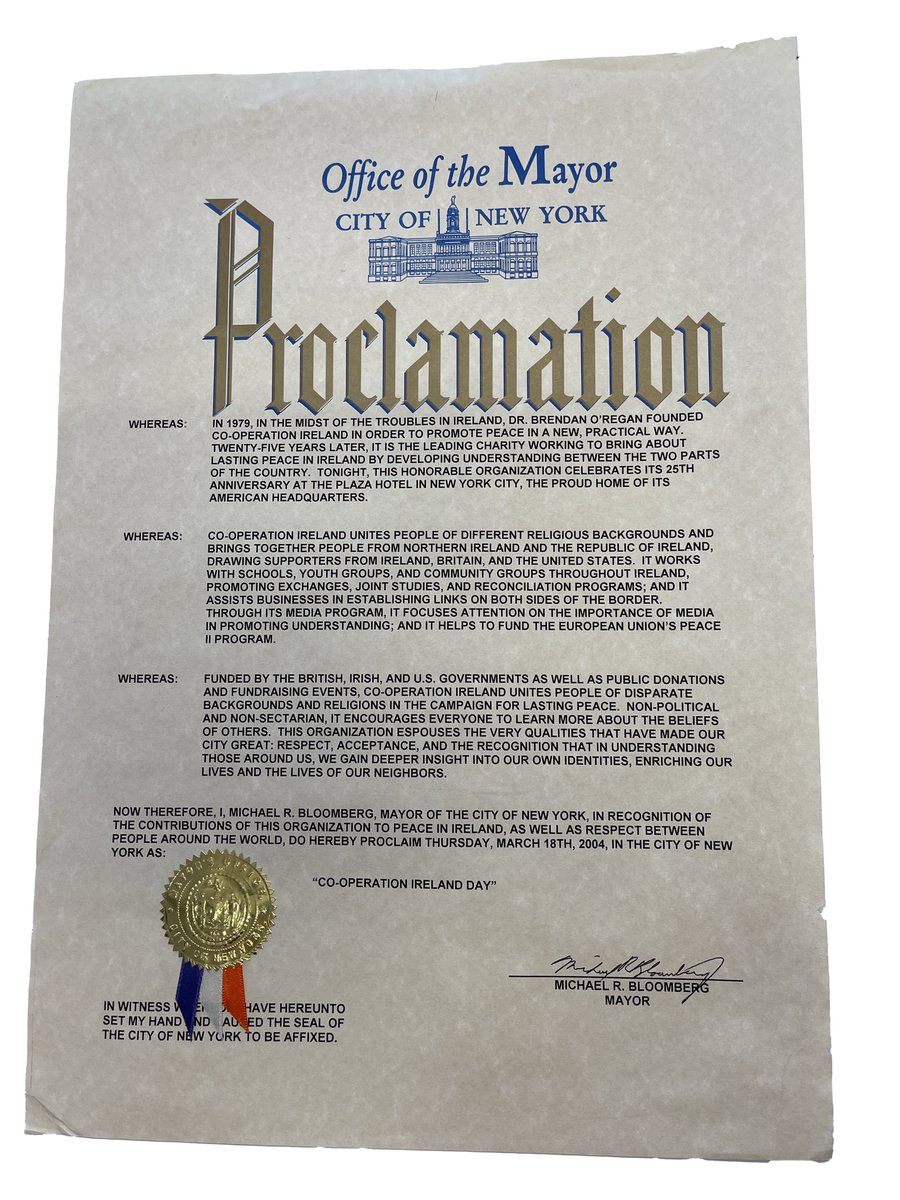 In 2024 we are marking Co-operation Ireland’s 45th anniversary by exploring our history through 45 items. #45in45 Item 10: Proclamation by NYC Mayor Michael Bloomberg marking March 18 2004 ‘Co-operation Ireland Day’. cooperationireland.org/co-operation-i…