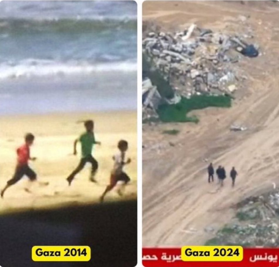 “10 years ago, 4 boys from the Bakr family were playing on Gaza's beach when the Israeli forces shelled them and killed them. Today, 4 young men were shelled by drones while fleeing Khan Younis. Same occupation. Same evil.”